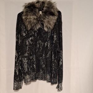 Chico's Black and Gray Faux Fur Sweater